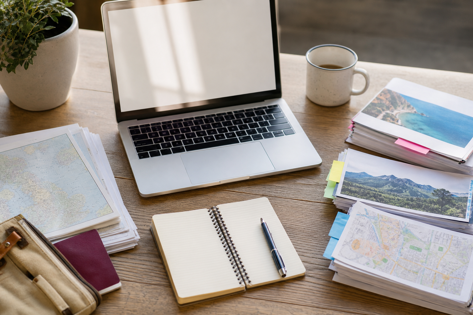 Organized travel planning workspace with notes separated into categories