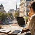 Traveler organizing a trip with a laptop, notebook, map, and passport at a café table