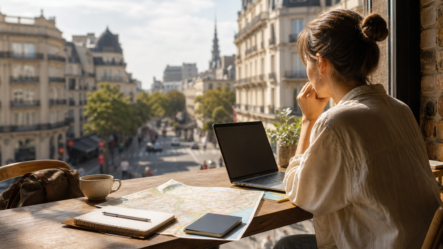 Traveler organizing a trip with a laptop, notebook, map, and passport at a café table