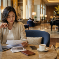 Traveler comparing digital and paper trip plans in a hotel lounge