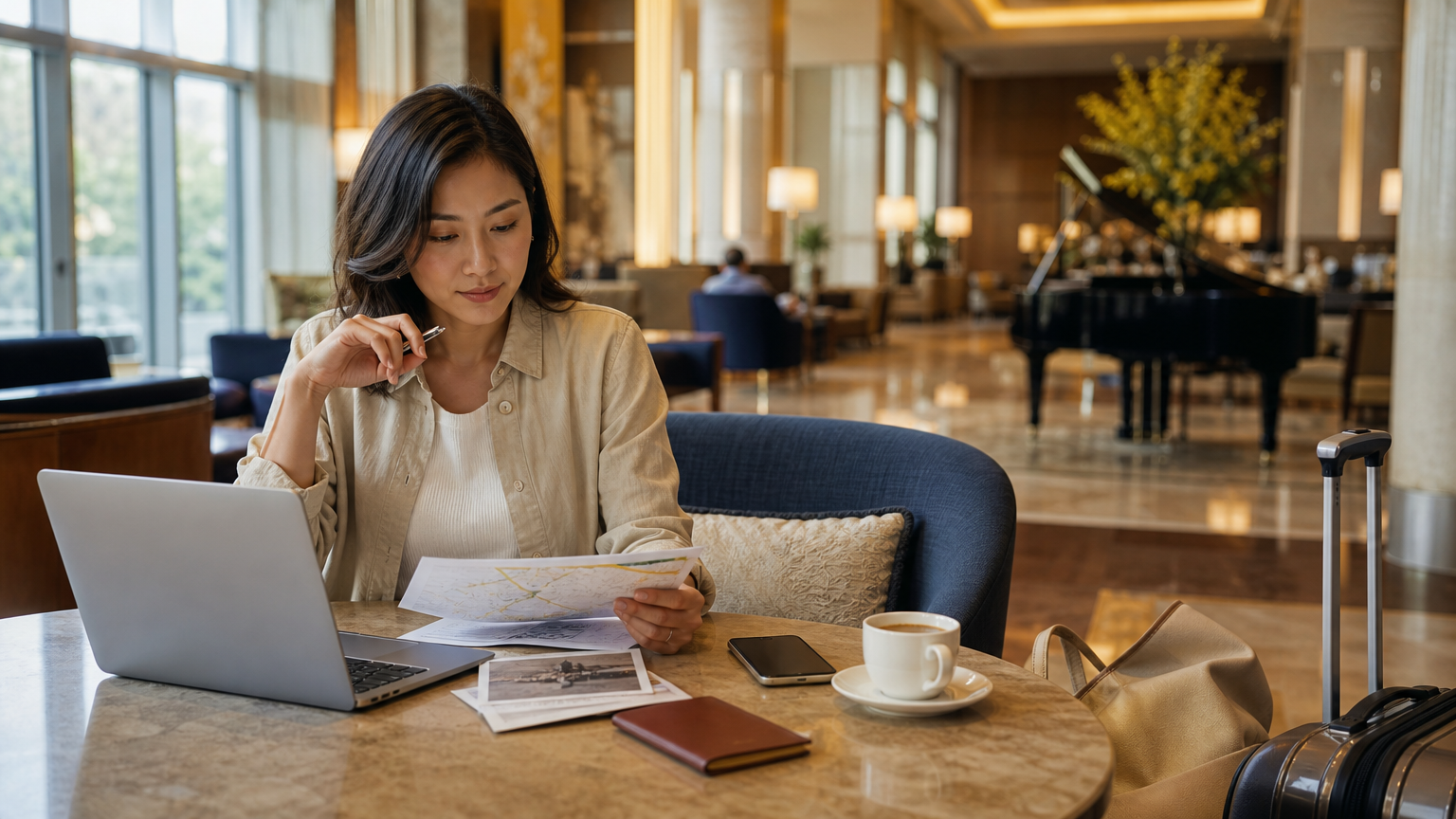 Traveler comparing digital and paper trip plans in a hotel lounge