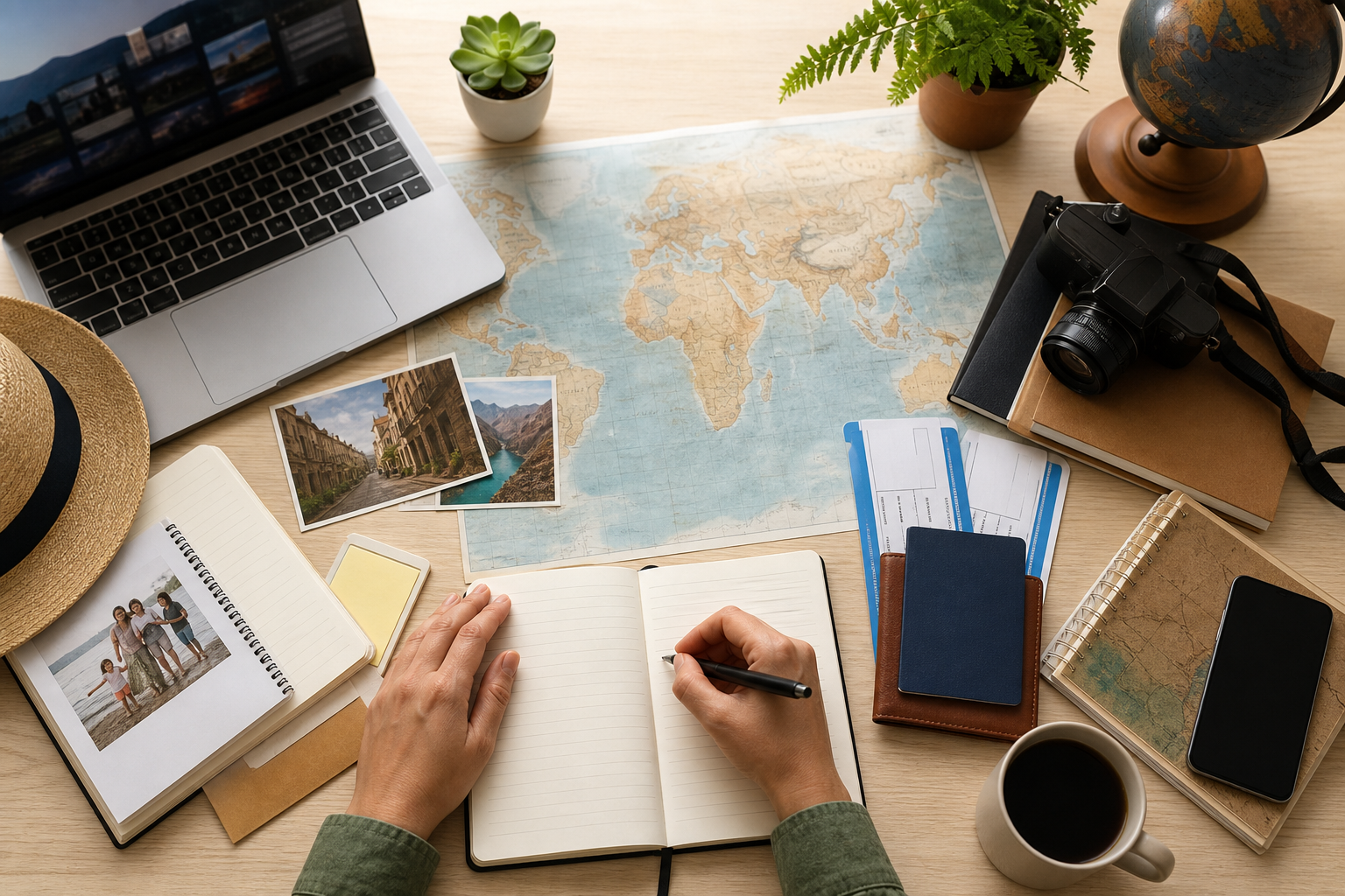 Organized travel planning desk with map, notebook, and laptop
