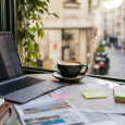 Laptop and travel planning notes on a café table beside a window overlooking a city street