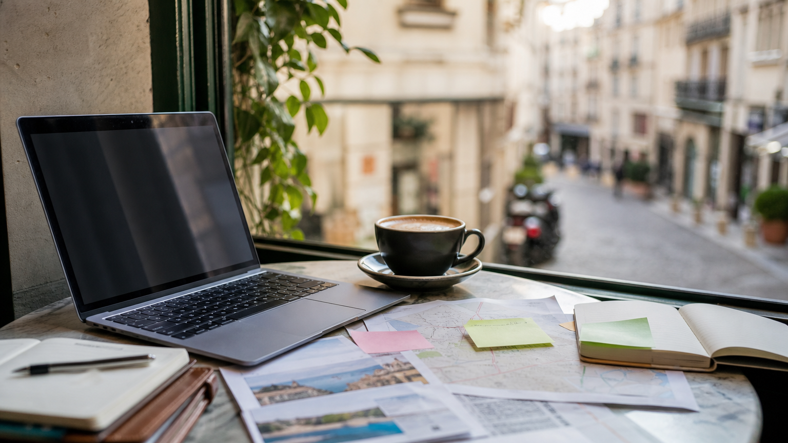Laptop and travel planning notes on a café table beside a window overlooking a city street