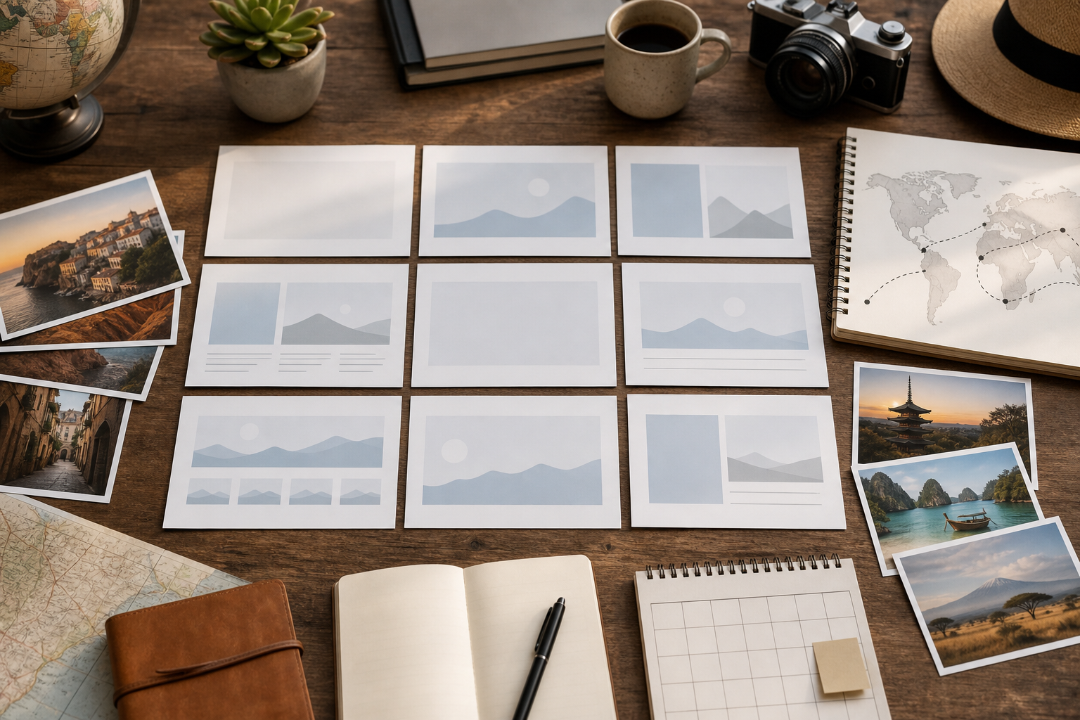Travel presentation storyboard with slide thumbnails and route planning materials arranged on a desk