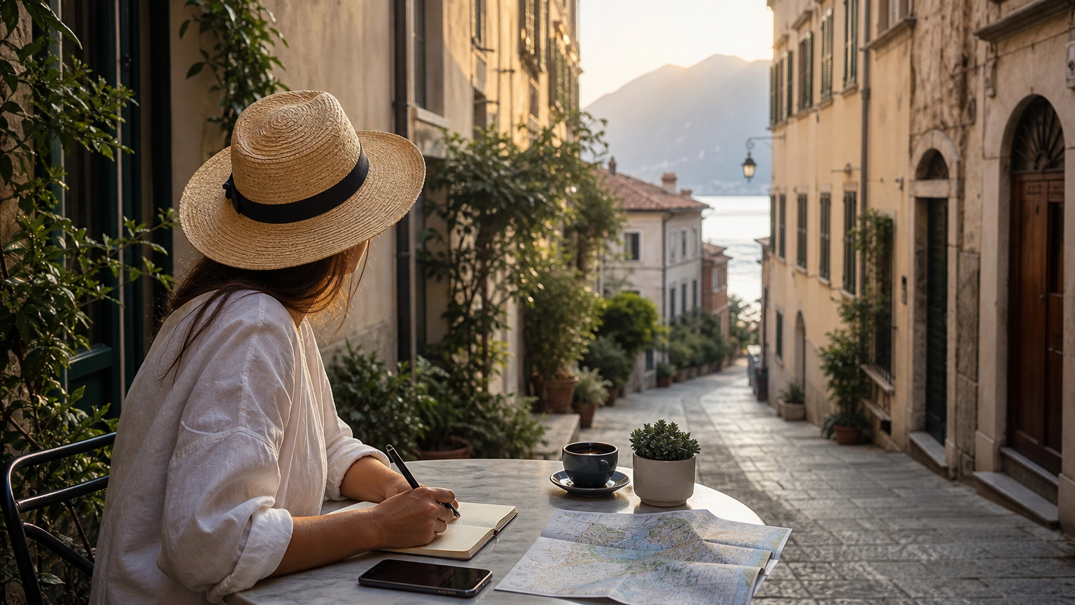Traveler planning a quieter city itinerary from a café table
