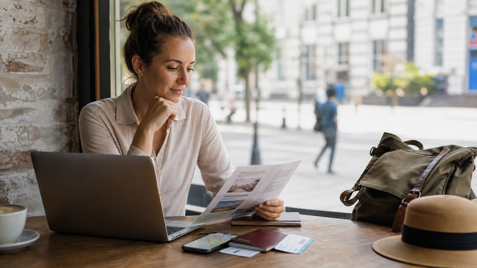 Traveler reviewing an itinerary with a laptop, passport, phone, and tickets at a café table.