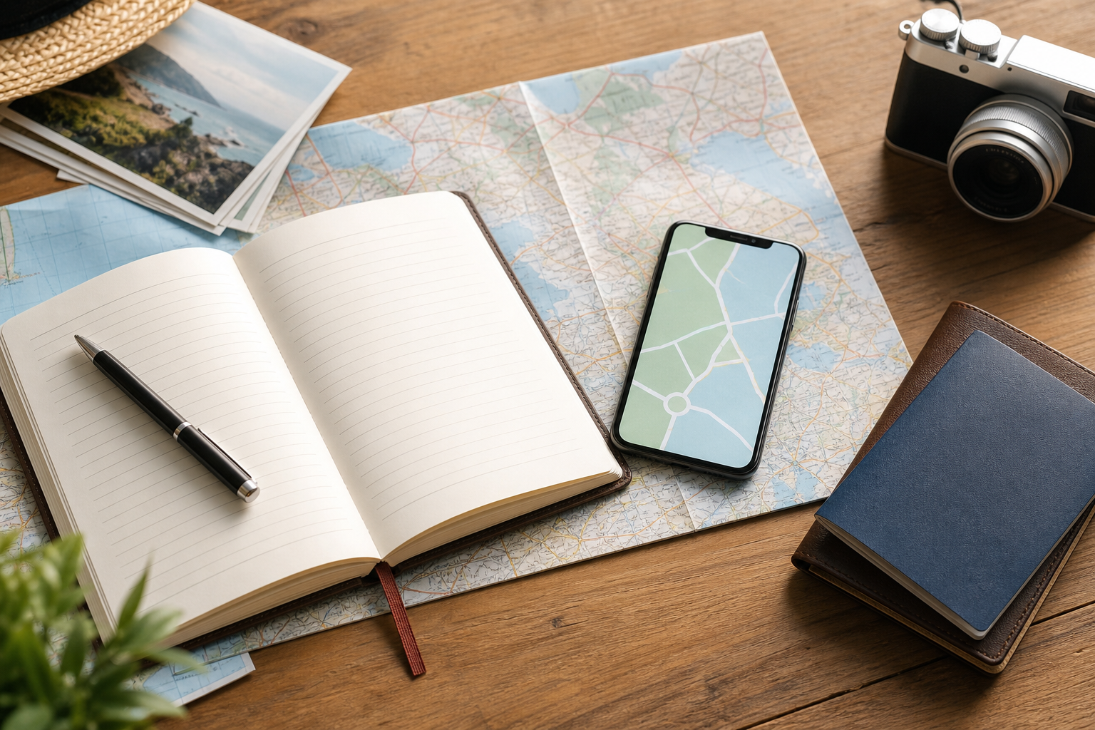 Travel planning flat lay with notebook, map, phone, passport, pen, and camera.