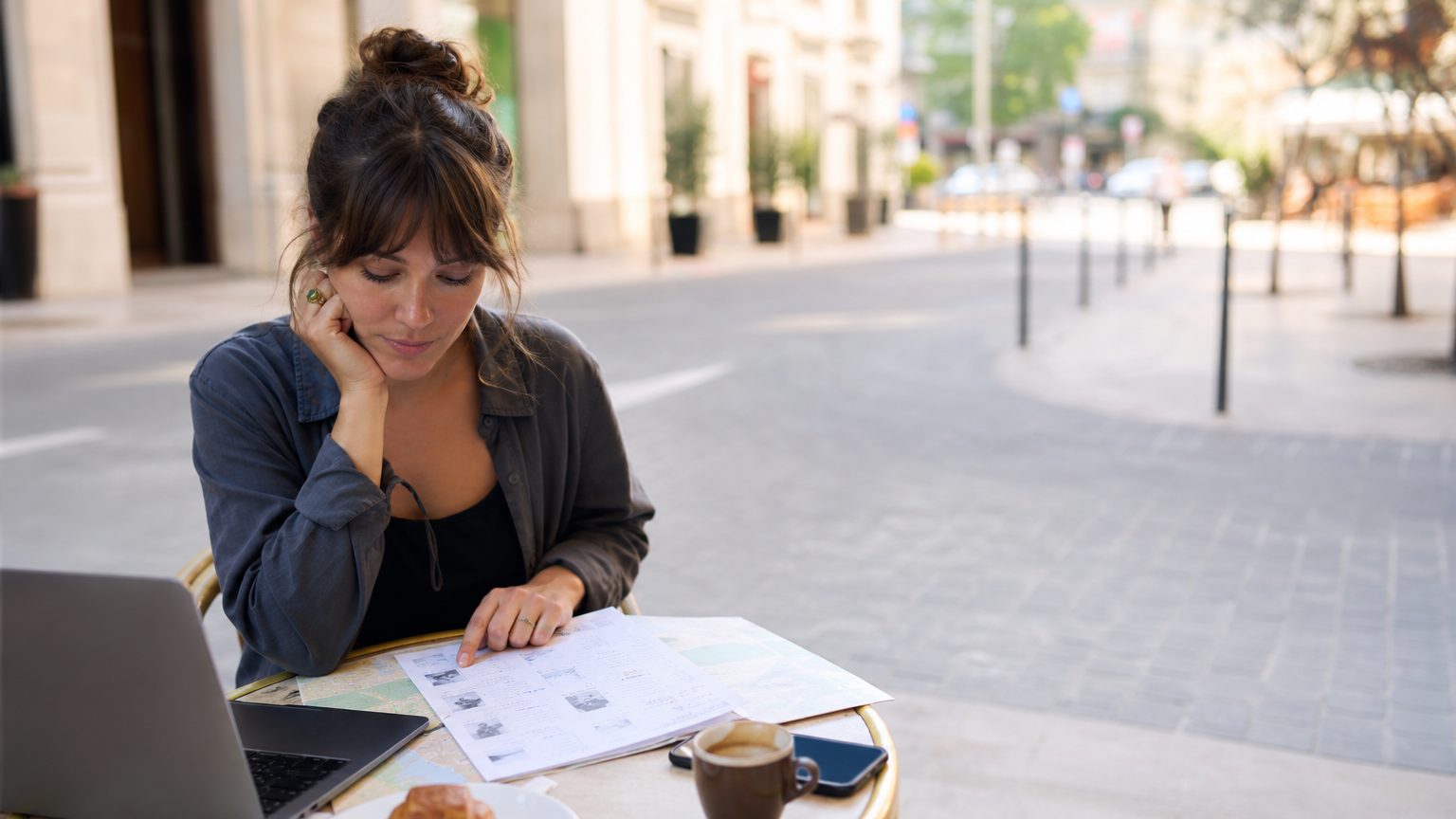 Traveler reviewing and marking up a draft itinerary at a café table