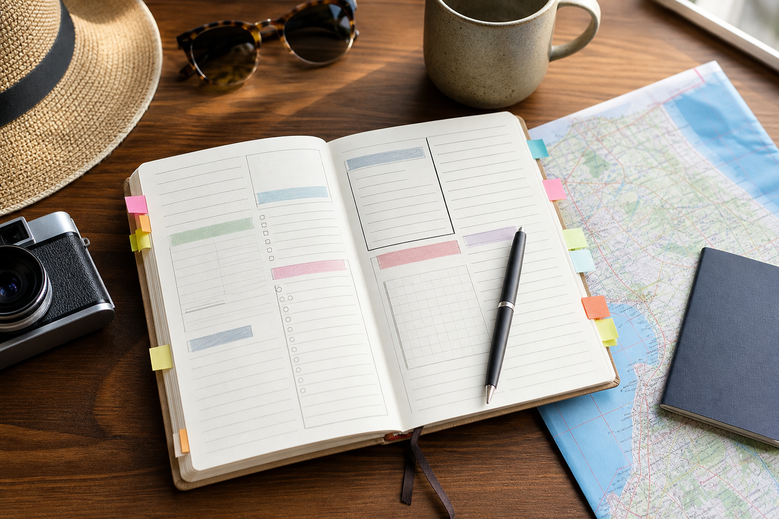 Travel planning notebook with notes, tabs, passport, and map