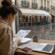 Traveler organizing trip notes, passport, map, and laptop at a rainy cafe window