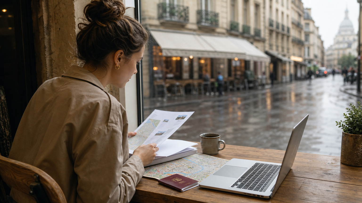 Traveler organizing trip notes, passport, map, and laptop at a rainy cafe window