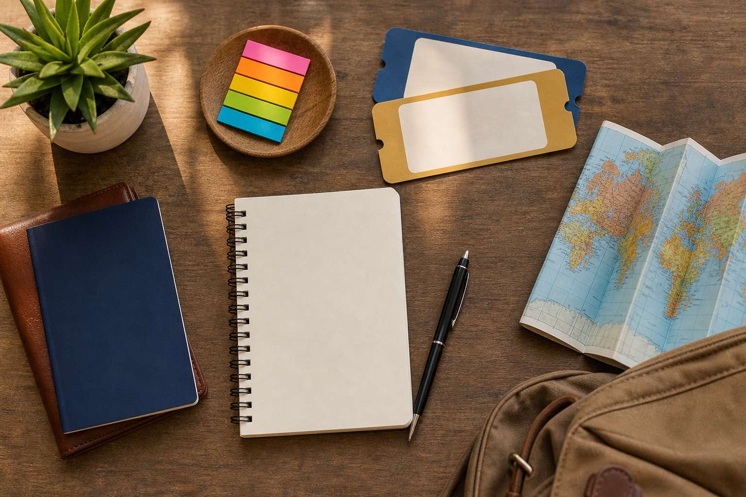 Organized travel planning materials grouped into sections on a table