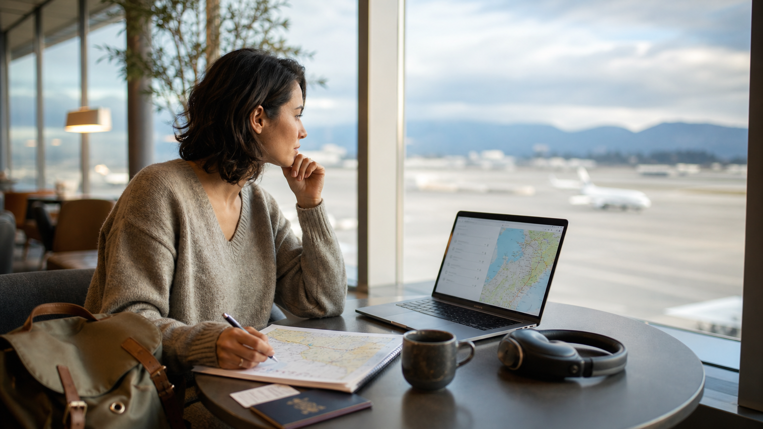 Traveler reviewing a laptop itinerary and paper checklist in an airport lounge