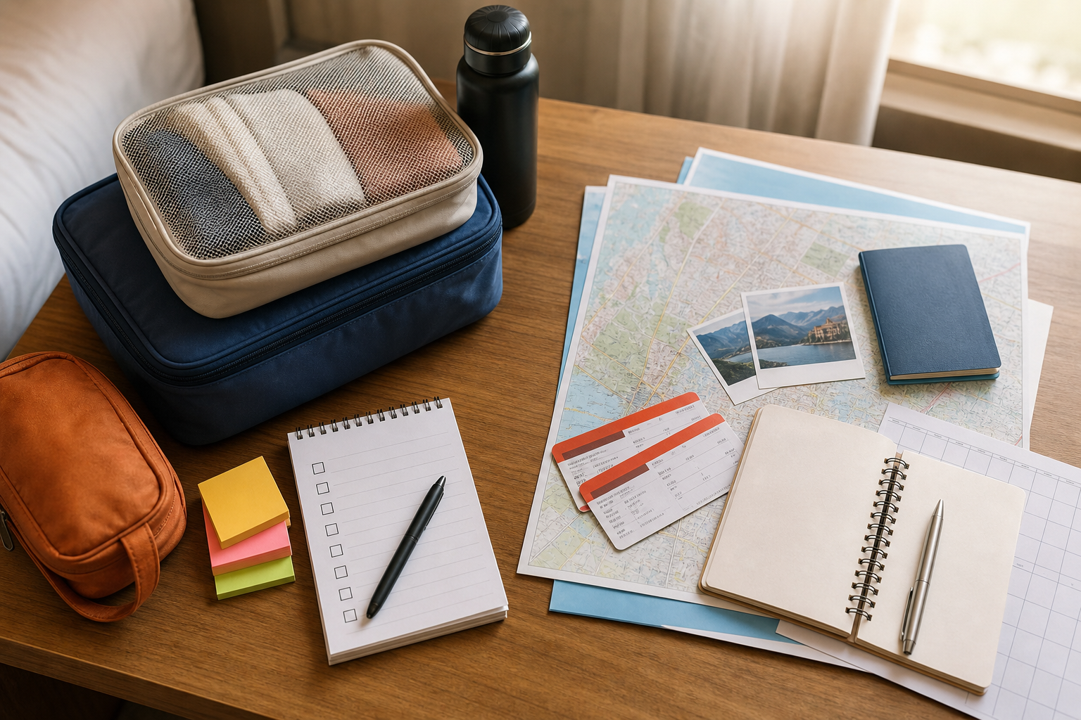 Hotel desk with quick travel tasks separated from more complex planning materials
