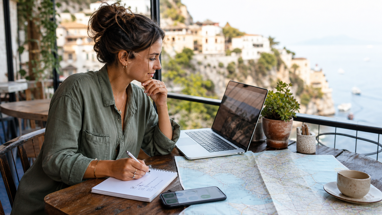 Traveler comparing digital and paper trip-planning materials at a cafe table