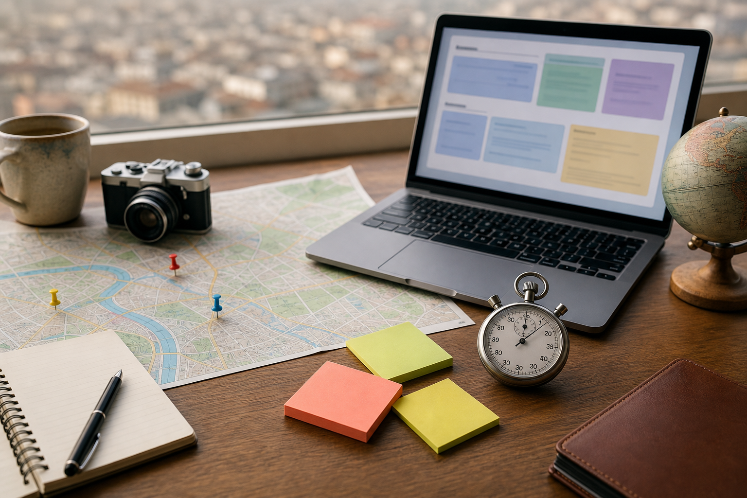 Travel-planning test setup with a map, notes, laptop, and stopwatch