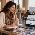 Traveler reviewing an AI-assisted hotel booking on a laptop before approving payment