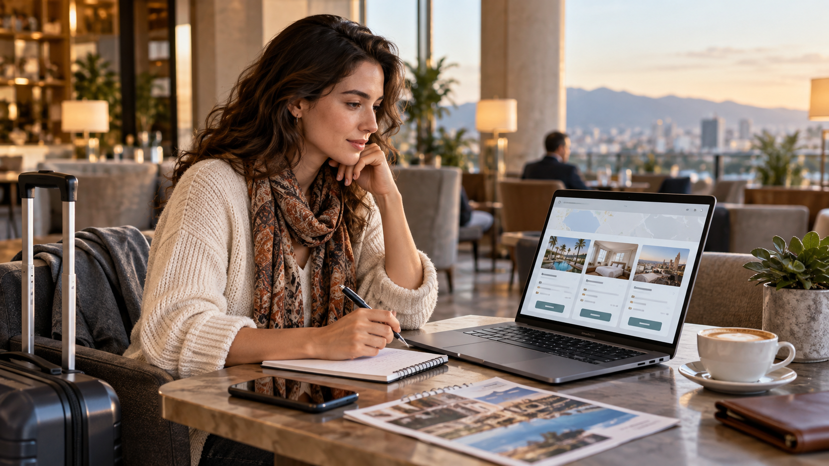 Traveler reviewing an AI-assisted hotel booking on a laptop before approving payment