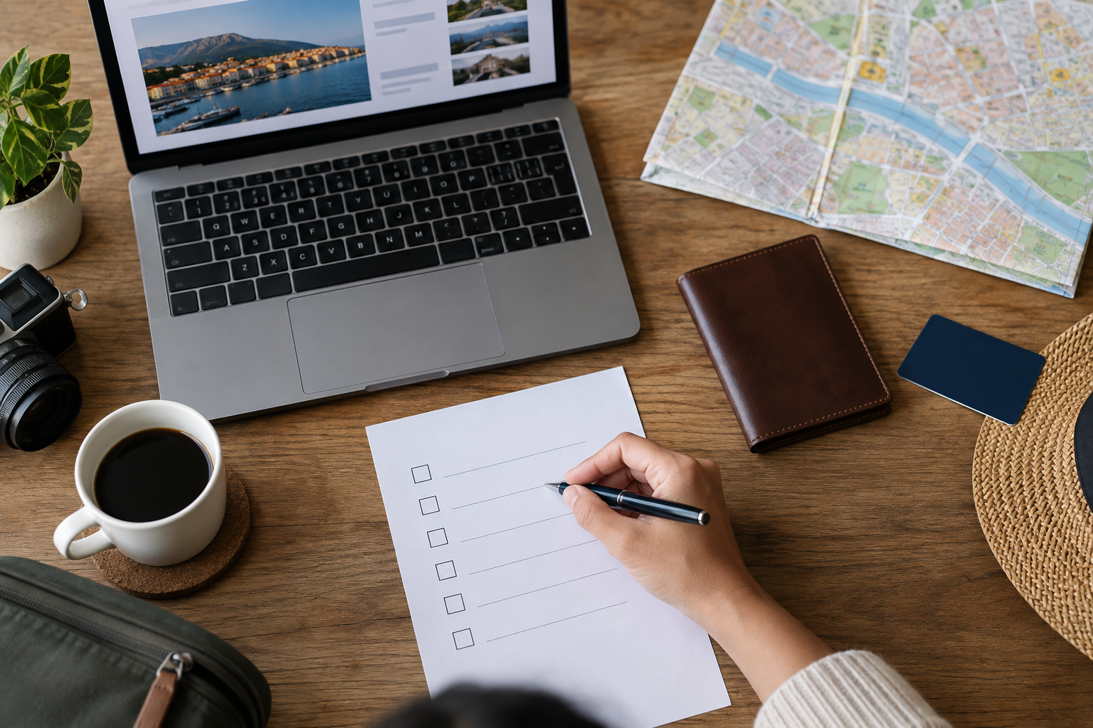 Travel booking approval checklist beside a laptop, passport wallet, and payment card kept out of reach