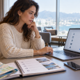 Traveler reviewing account permissions on a laptop beside an organized trip itinerary