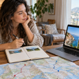 Traveler comparing two possible destinations with a laptop, map, and notebook