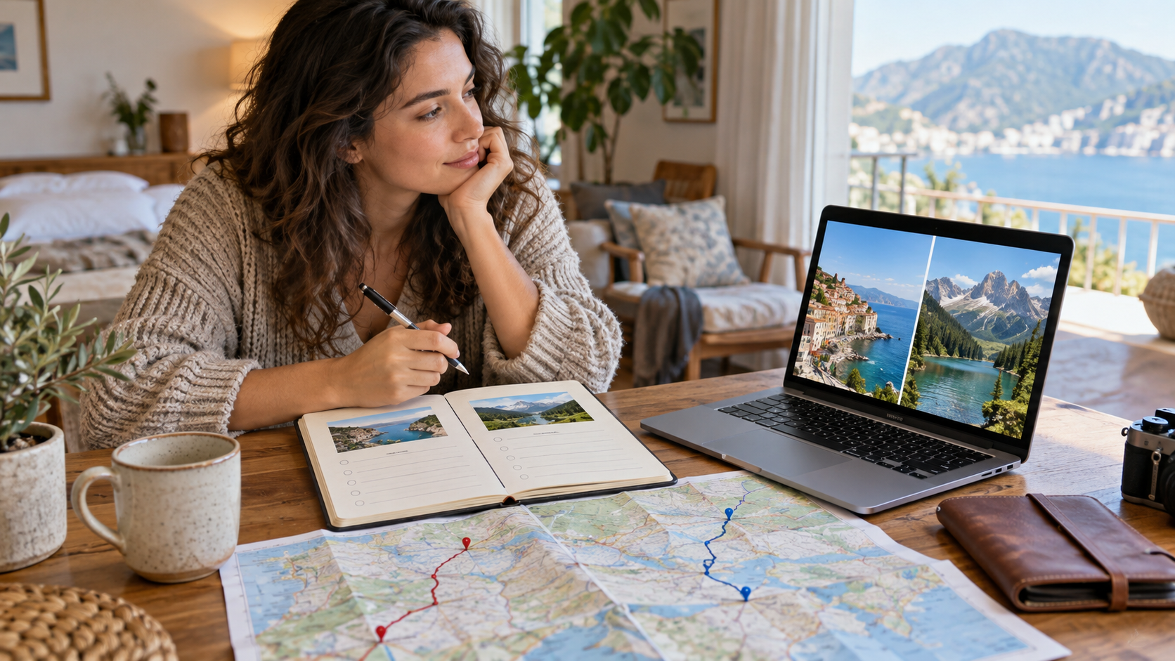 Traveler comparing two possible destinations with a laptop, map, and notebook