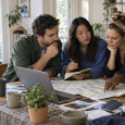 Friends comparing a map and laptop while planning a group trip together