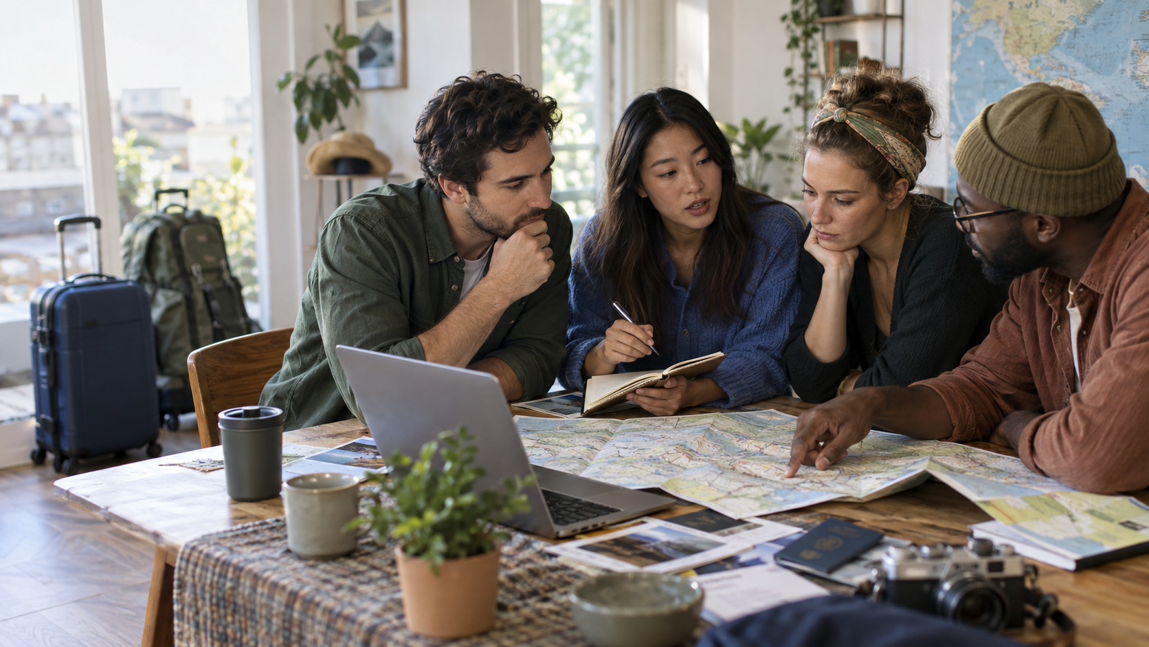 Friends comparing a map and laptop while planning a group trip together