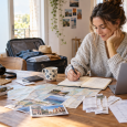 Traveler reviewing trip notes, receipts, and a map after returning home