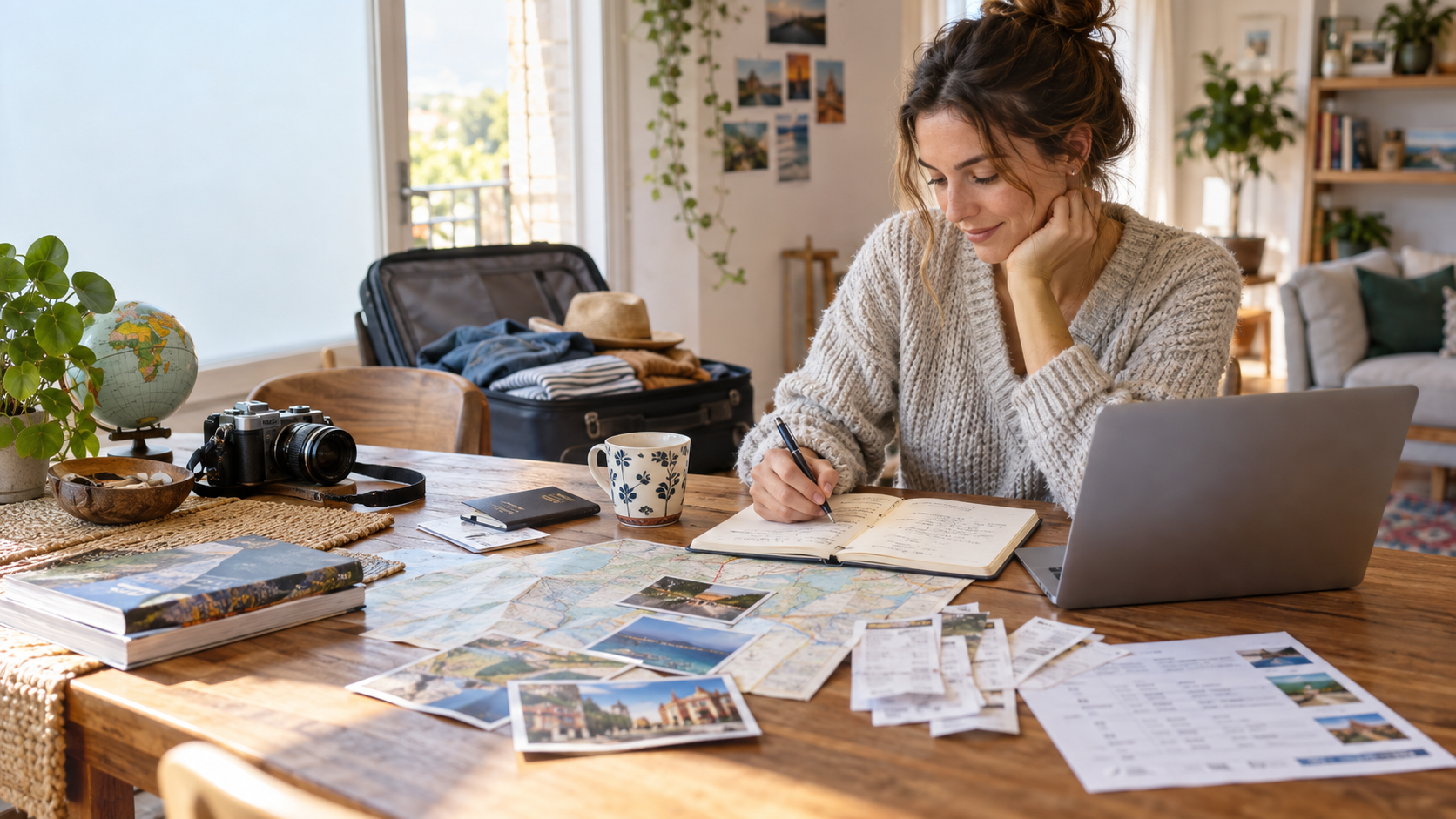 Traveler reviewing trip notes, receipts, and a map after returning home