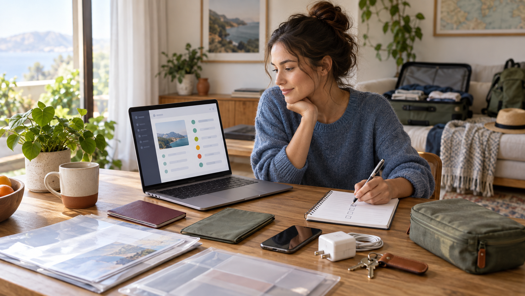 Traveler reviewing a trip-readiness dashboard beside organized documents and a partially packed suitcase