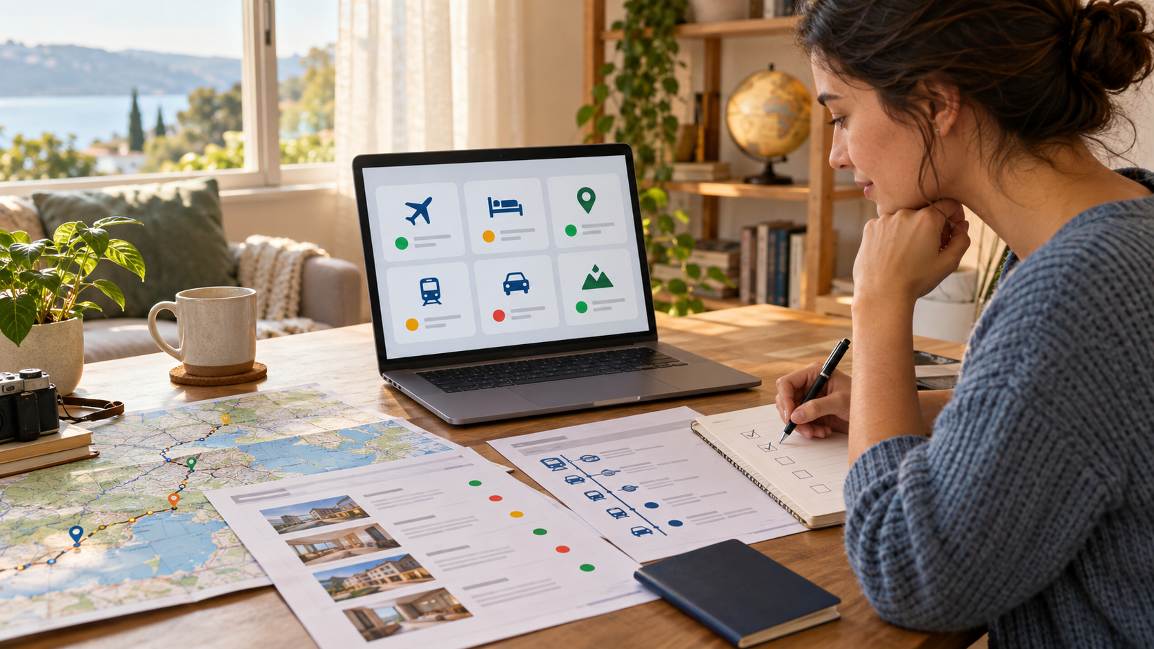 Traveler comparing AI results across several travel tasks using maps and source documents