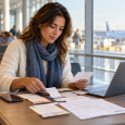 Traveler organizing receipts and trip documents beside a laptop in an airport