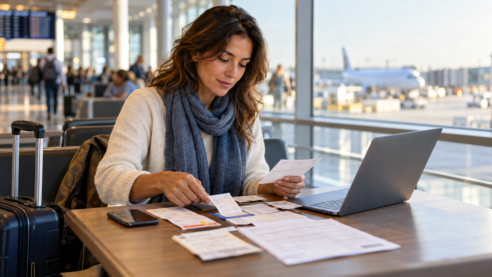 Traveler organizing receipts and trip documents beside a laptop in an airport