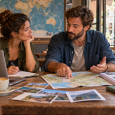 Travel creator taking notes while a traveler points to a map in a cafe