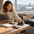 Digital nomad comparing a laptop, charger, and external drive beside an open suitcase