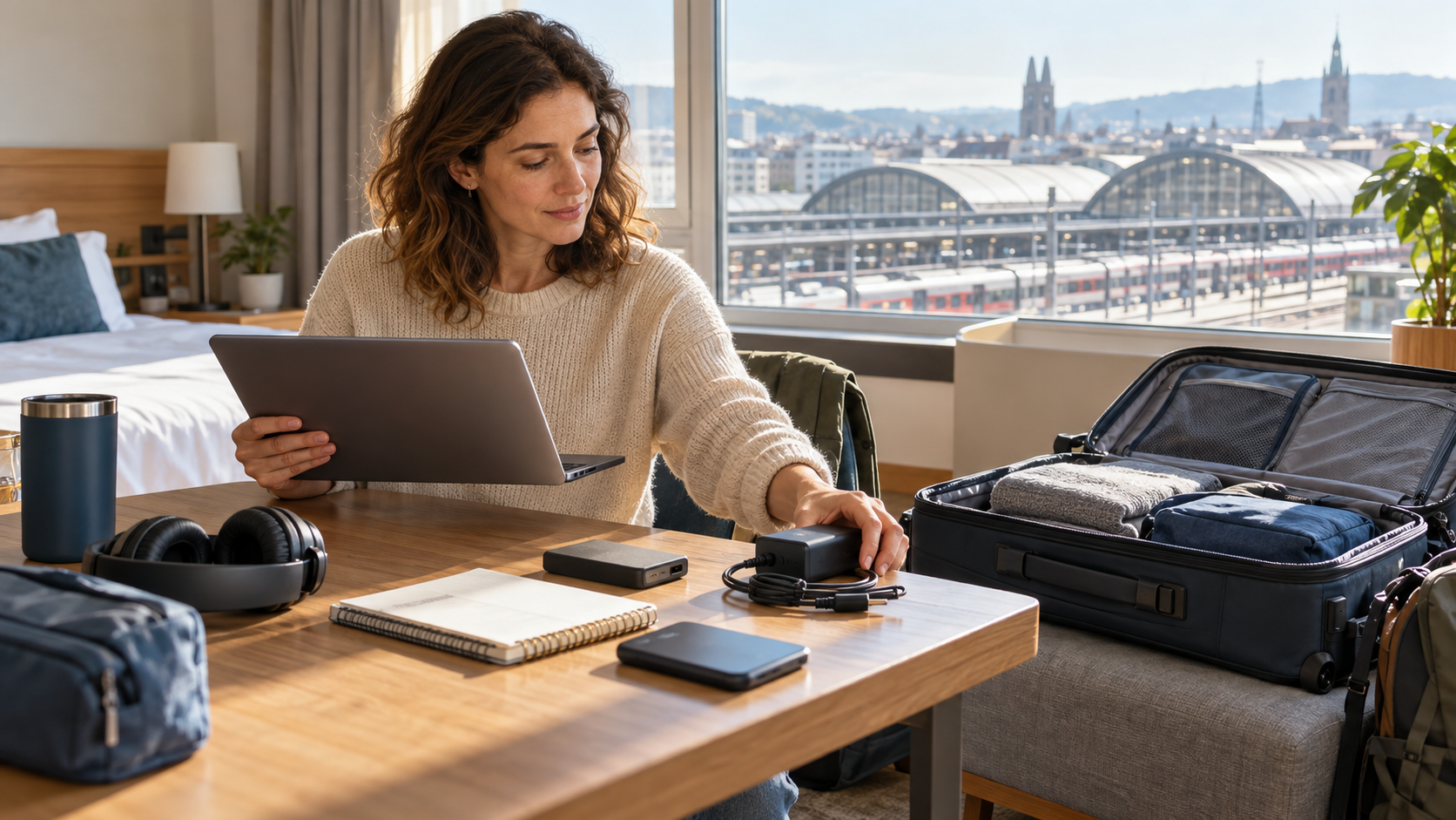 Digital nomad comparing a laptop, charger, and external drive beside an open suitcase