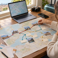Traveler reviewing a multi-stop itinerary with route cards and backup options on a desk