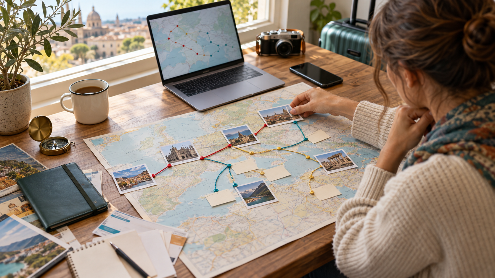 Traveler reviewing a multi-stop itinerary with route cards and backup options on a desk